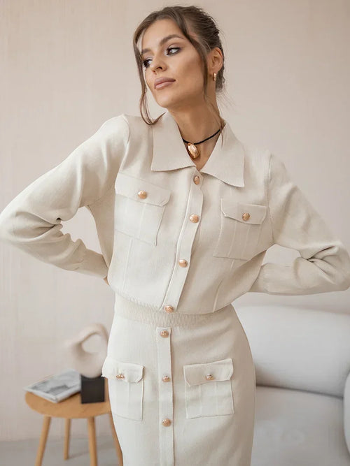 2024 Autumn Winter Elegant Knit Blazer Skirt Set Women Black White