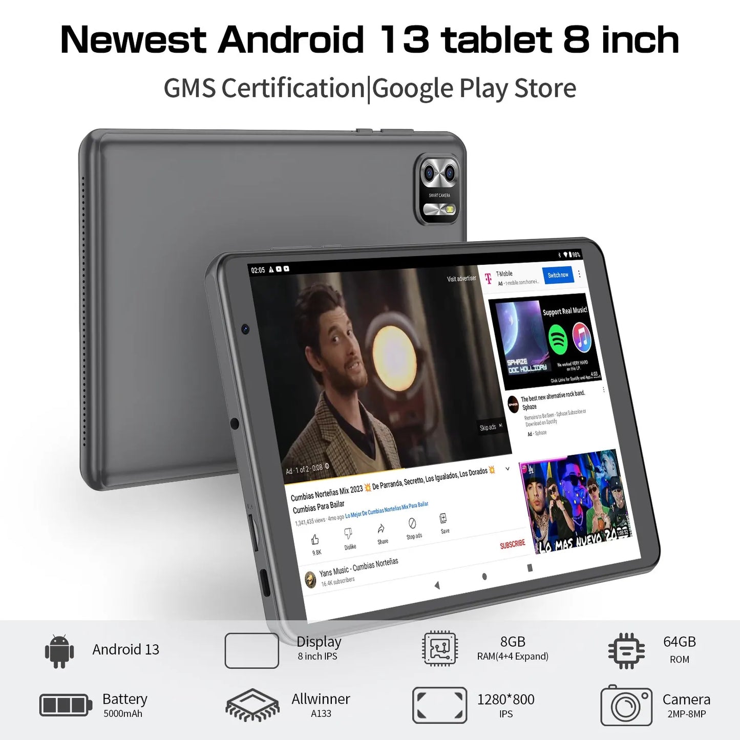 PRITOM 8 Inch Tablet Android 13, 8GB(4+4 Expand) RAM 64GB ROM,1TB