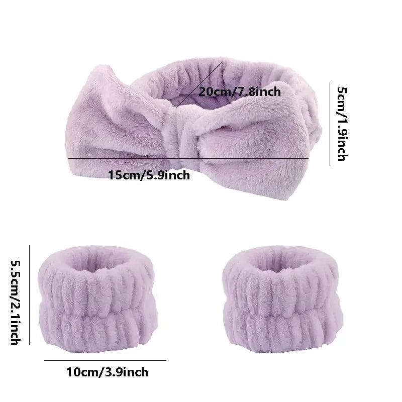 3Pcs Bow Headband Wristband Set Towel Elastic Soft Washing Face Shower