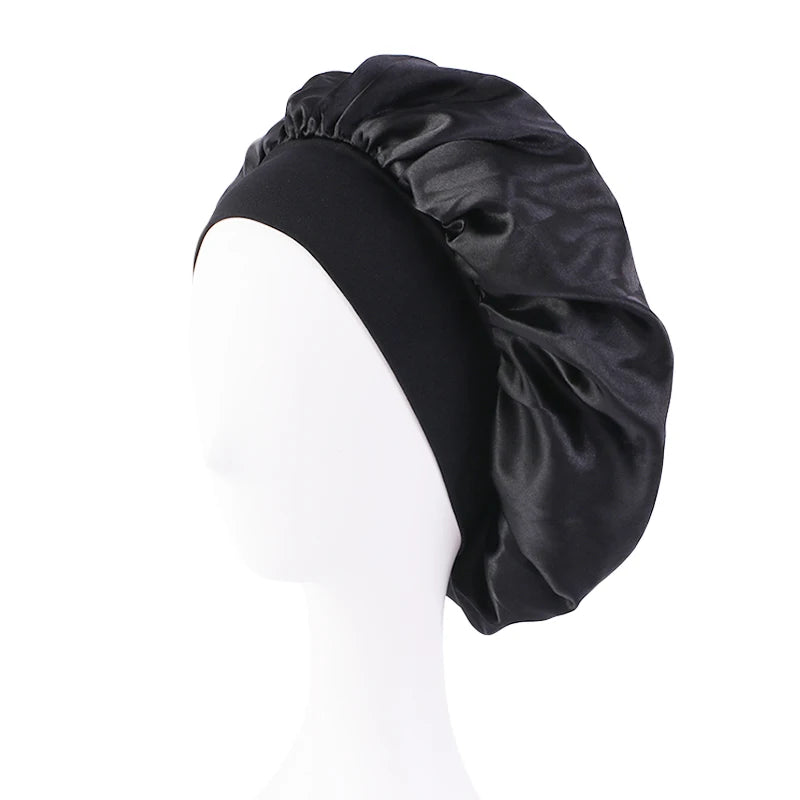 New Women's Satin Solid Wide-brimmed Sleeping Hat Unisex Head Wrap