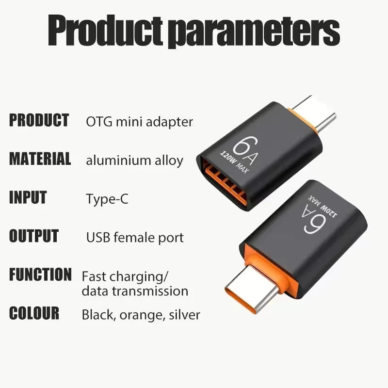 6A USB To Type C OTG Adapter 120W USB-C Male To Type-c Female Charger