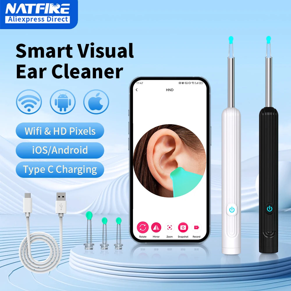 Smart Visual Ear Cleaner with Camera 1296P Ear Sticks USB C Charging