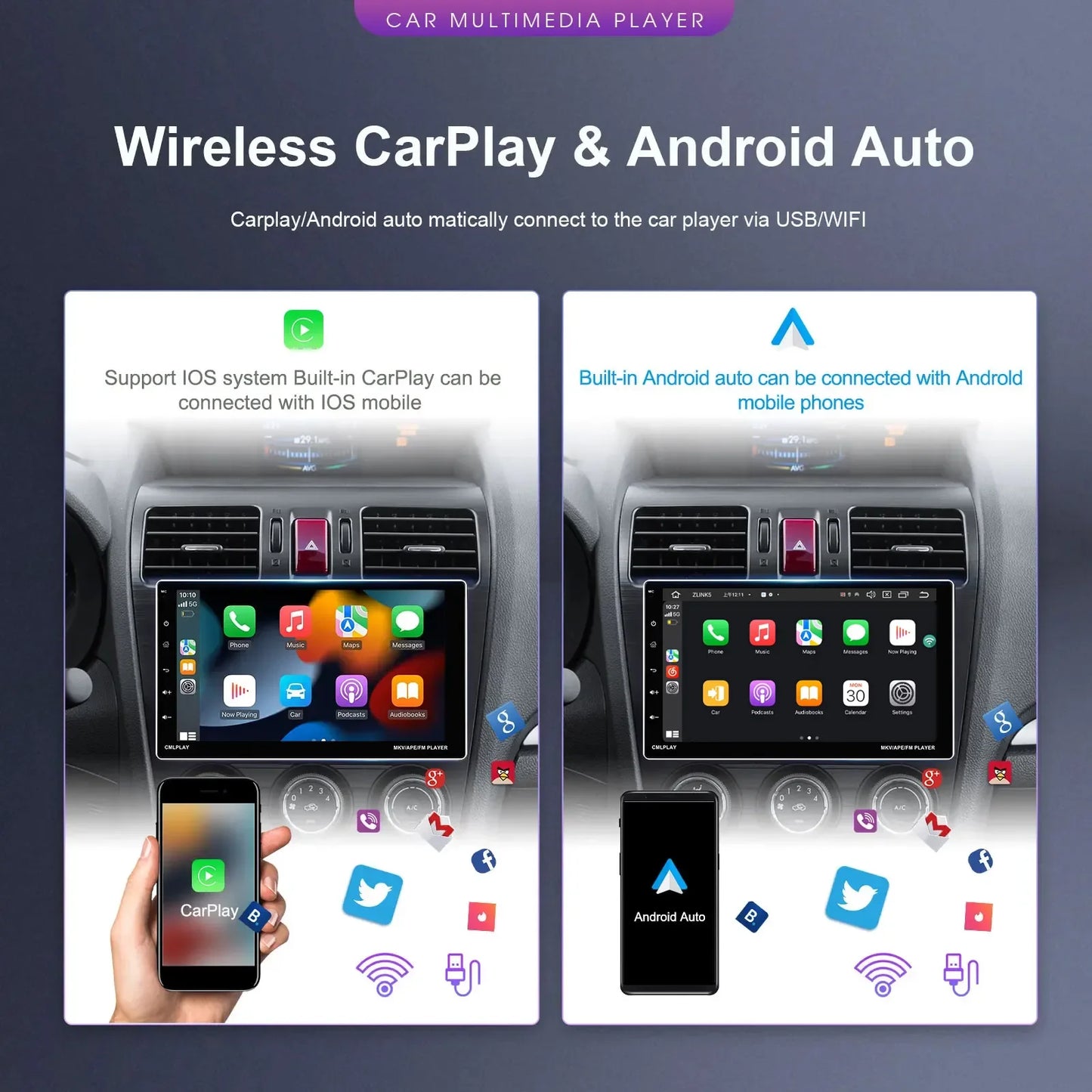 Podofo Car Stereo Radio 9'' 1din Android 13 Carplay Android auto Car