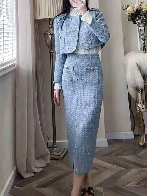 BlueTweed jacket + Skirt Sets fashion Professional Set slimming new