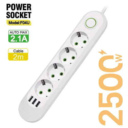 2500W EU Plug AC Outlet Multiprise Power Strip 2M Extension Cord
