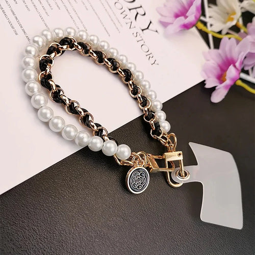 26cm Leather Pearl Camellia Mobile Phone Charm Bracelet Chain