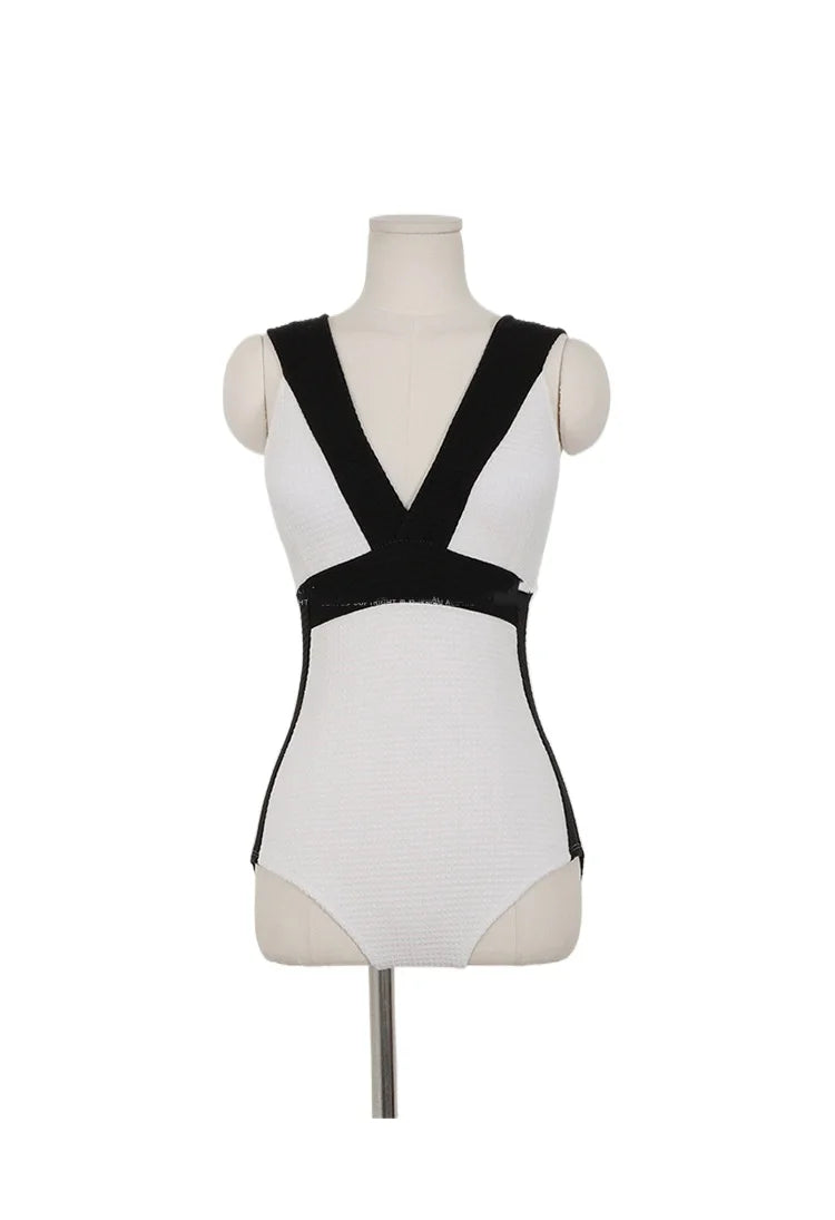 Sexy V-Neck Chic Swimwear 2023 Women Black and White Patchwork Push Up