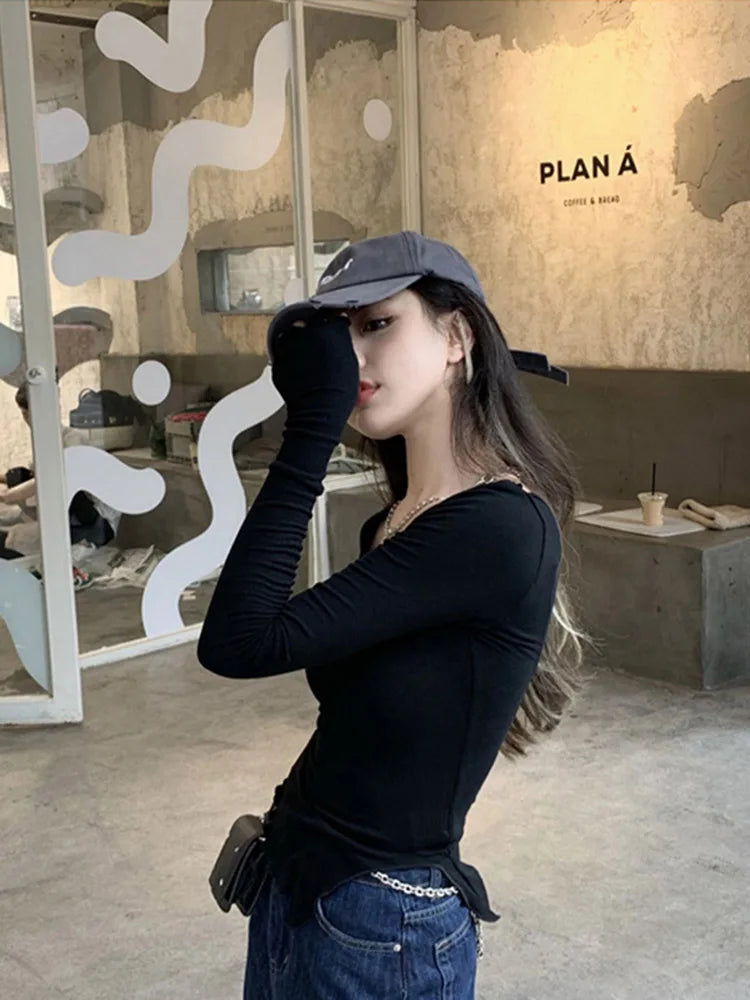 Long Sleeve T-shirts Women Fungus Line Irregular Hem Knitted Slender