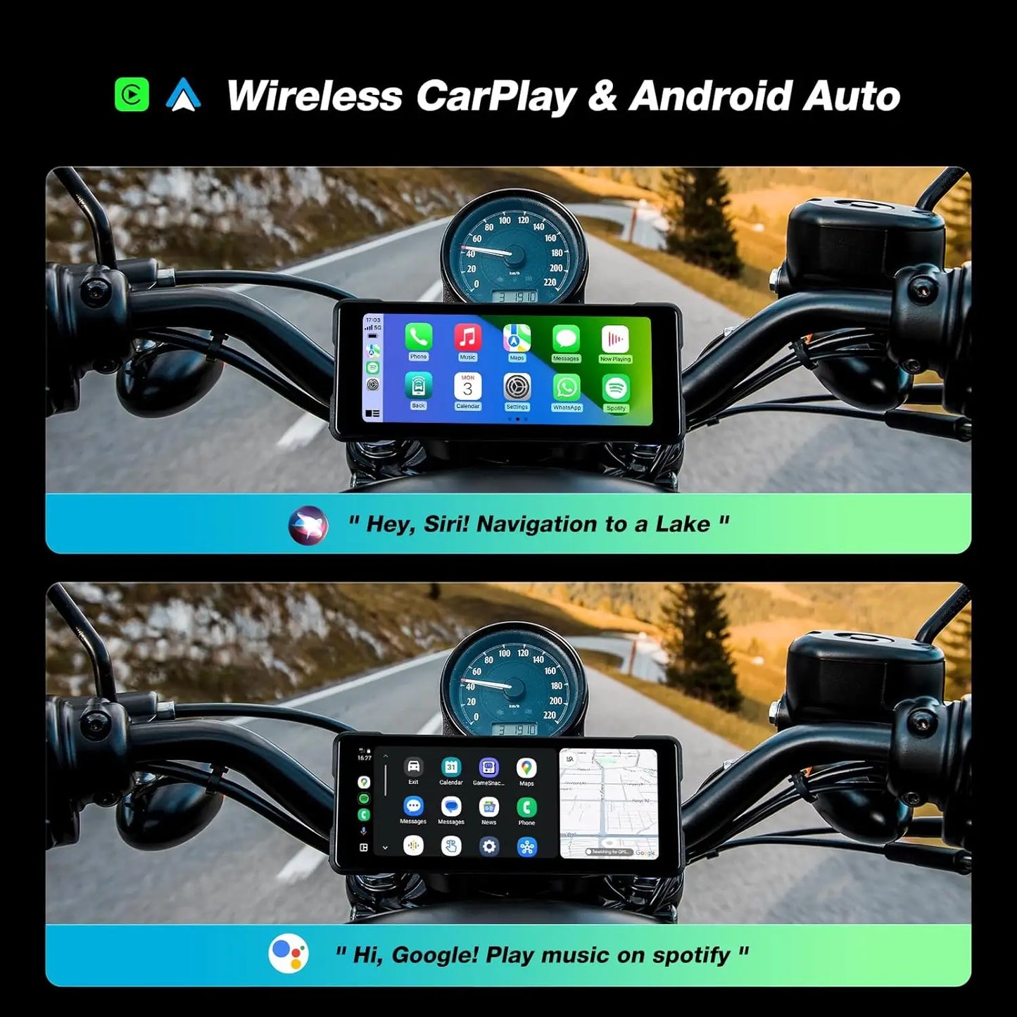 JMCQ 6.86'' Motorcycle DVR GPS Navigaton Wireless Carplay Android Auto