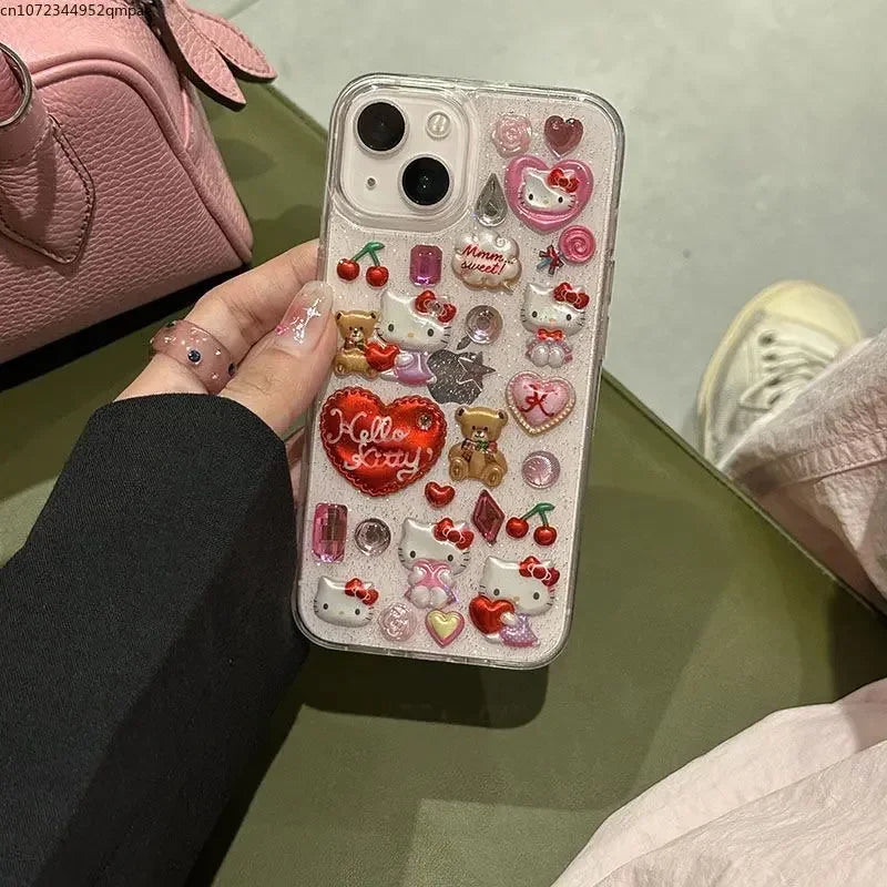 3D Sanrio Hello Kitty Sticker Glitter Phone Case for IPhone 16 11 12