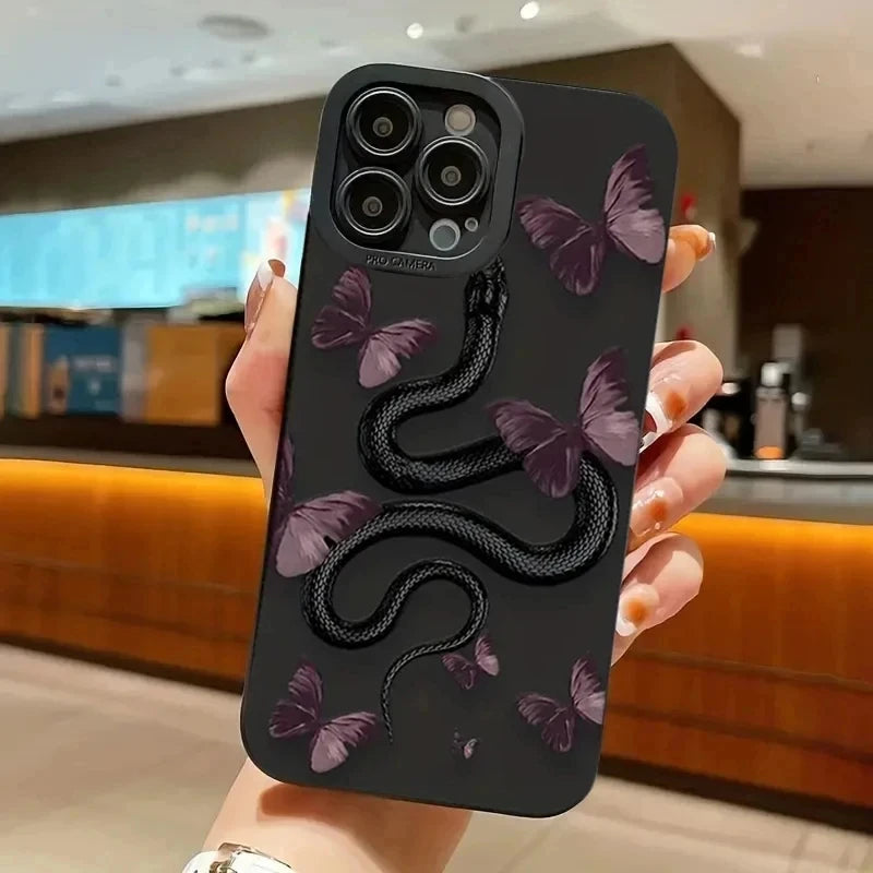Black Snake Patterned Flower Print Phone Case For iPhone 16 15 14 13