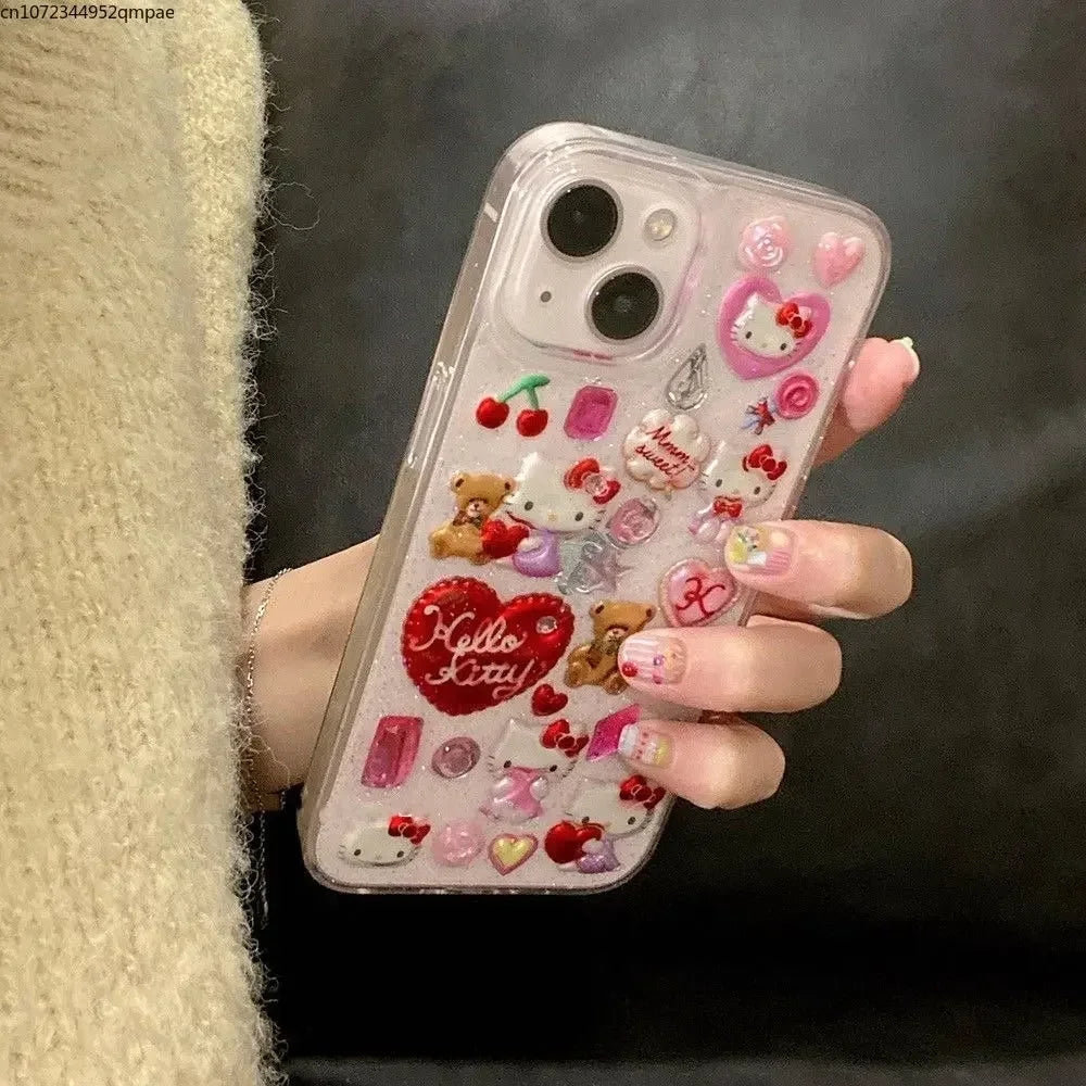 3D Sanrio Hello Kitty Sticker Glitter Phone Case for IPhone 16 11 12