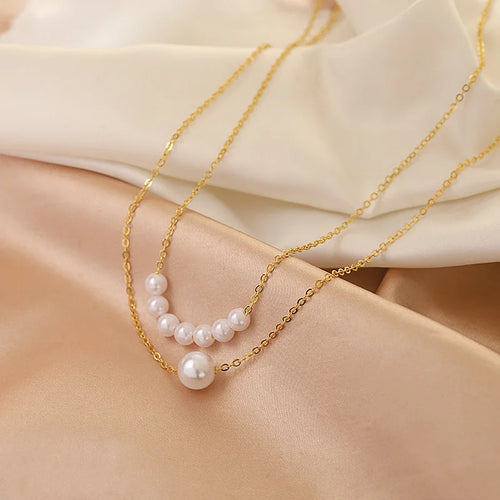 Elegant Pearl Multi-layer Necklace Minimalism Beads Gold Color Choker