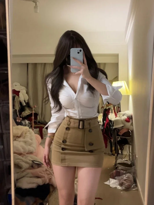 Office Lady Skirt Sets Women Casual Slim White Shirt + Outwear Bodycon