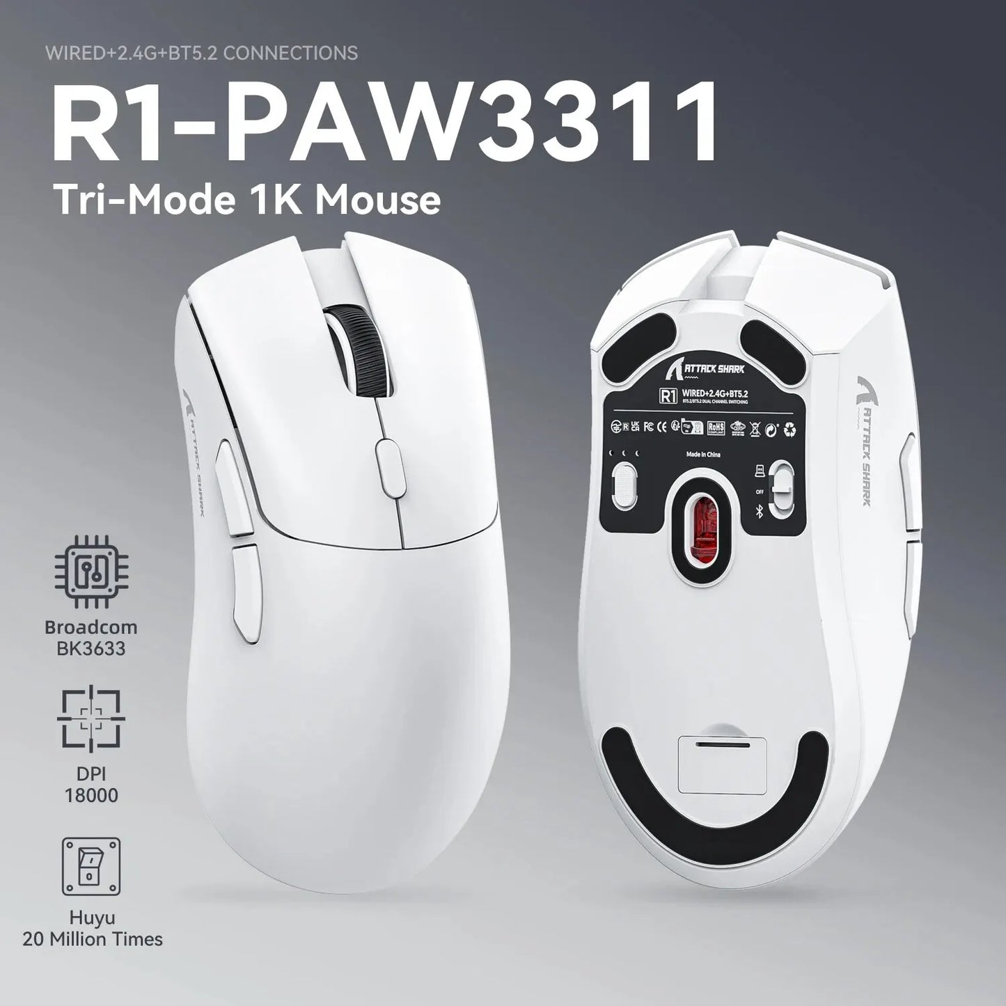 R1 Superlight Mouse Bluetooth 2.4G Wireless Gaming Mouse PixArt