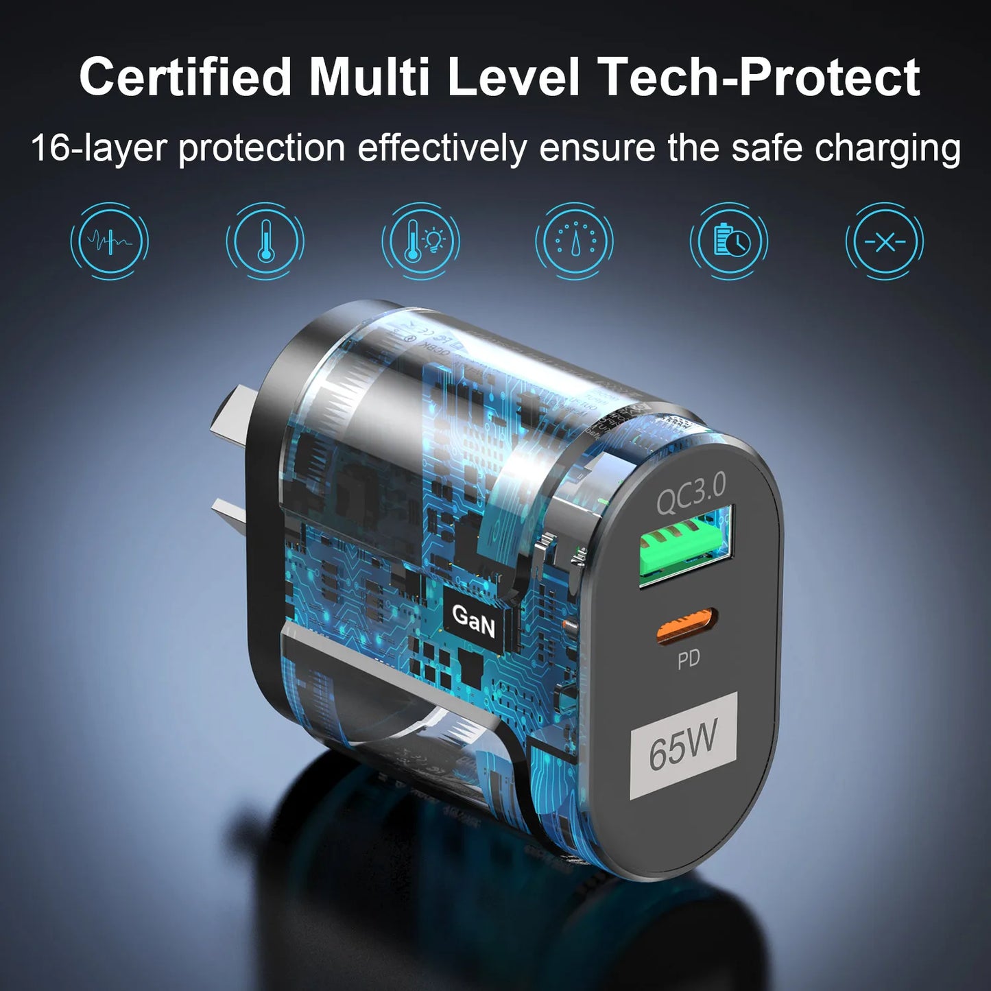 USLION 65W GaN USB Charger AU EU US UK Plug Fast Charging Tablet