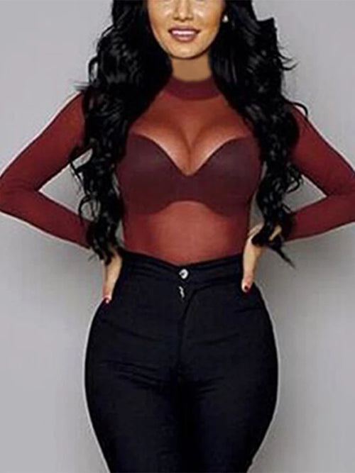 Sexy Women T Shirt See Through Transparent Mesh Tops Long Sleeve Sheer