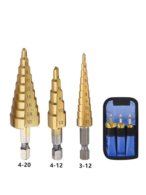 3-12 4 -12 4-20MM HSS Straight Fluted Pagoda Step Drill 3Pcs Cloth Bag