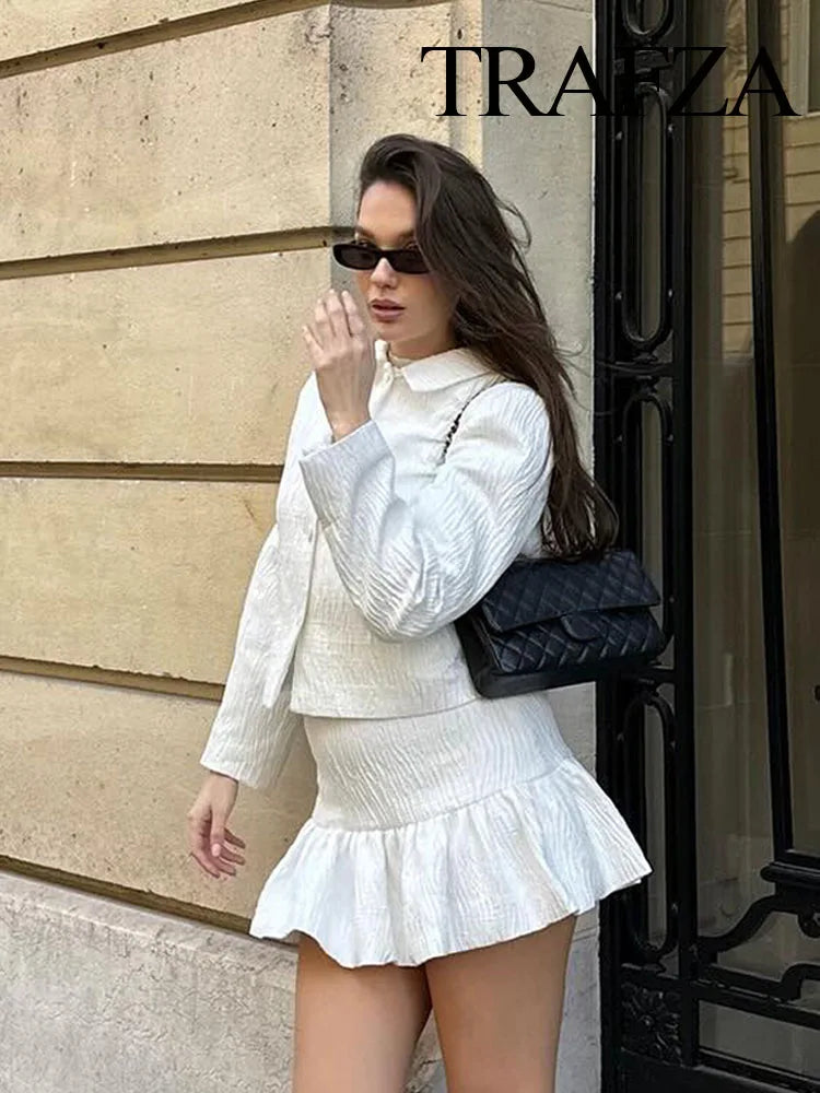 TRAFZA Spring Fashion Women Suit White Turn-Down Collar Long Sleeves