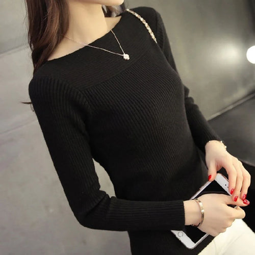 Spring Fall Women's New Elegant Simple One Collar Slim Sweater Knitted