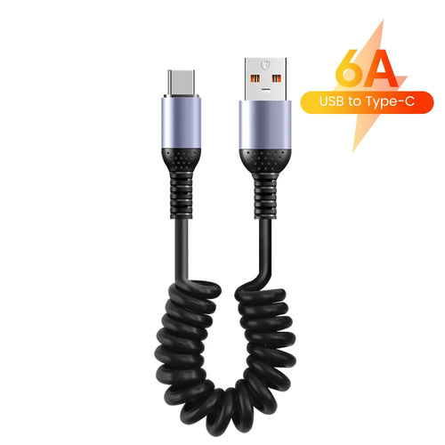 25CM To 1M Car Spring Data Cord 6A Short Fast Charging Wire USB C TO