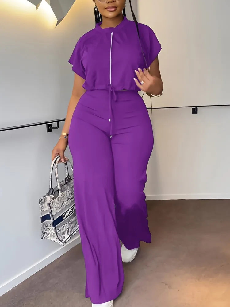 Women Casual Round Neck Drawstring Short Sleeve Top & High Waist Pants