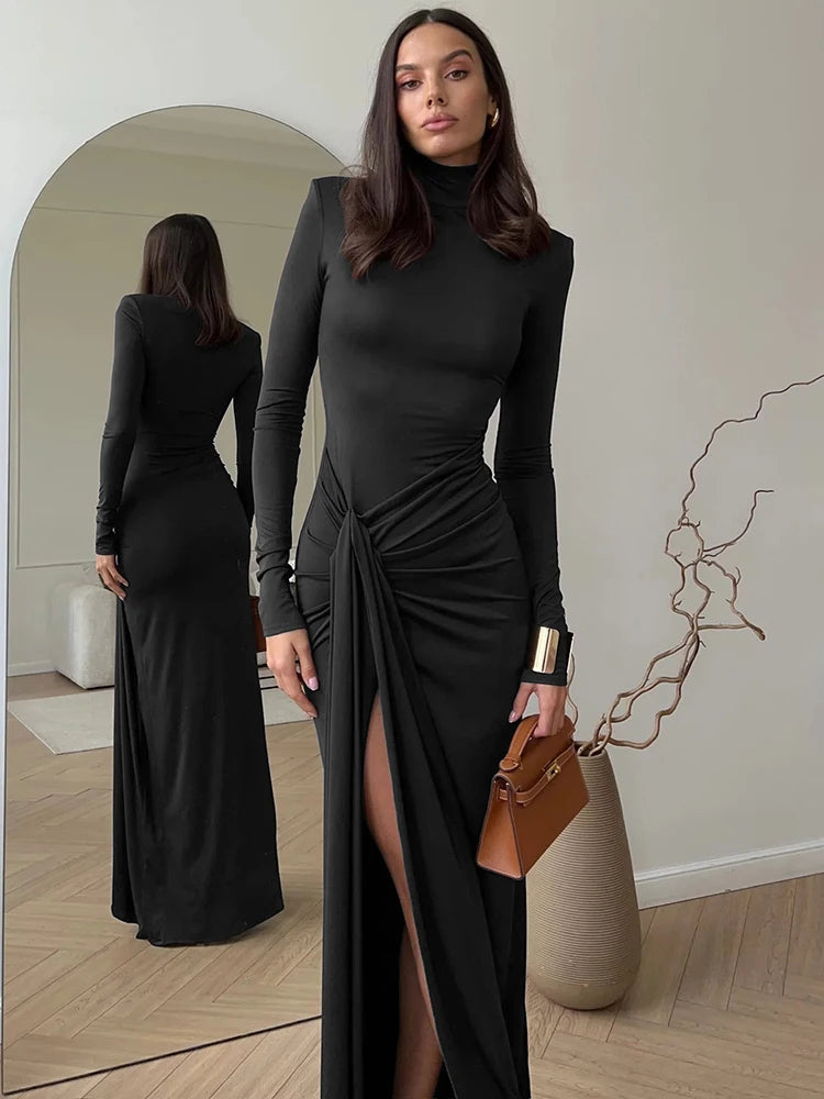 Mozision Turtleneck Thigh High Split Sexy Maxi Dress For Women Fashion