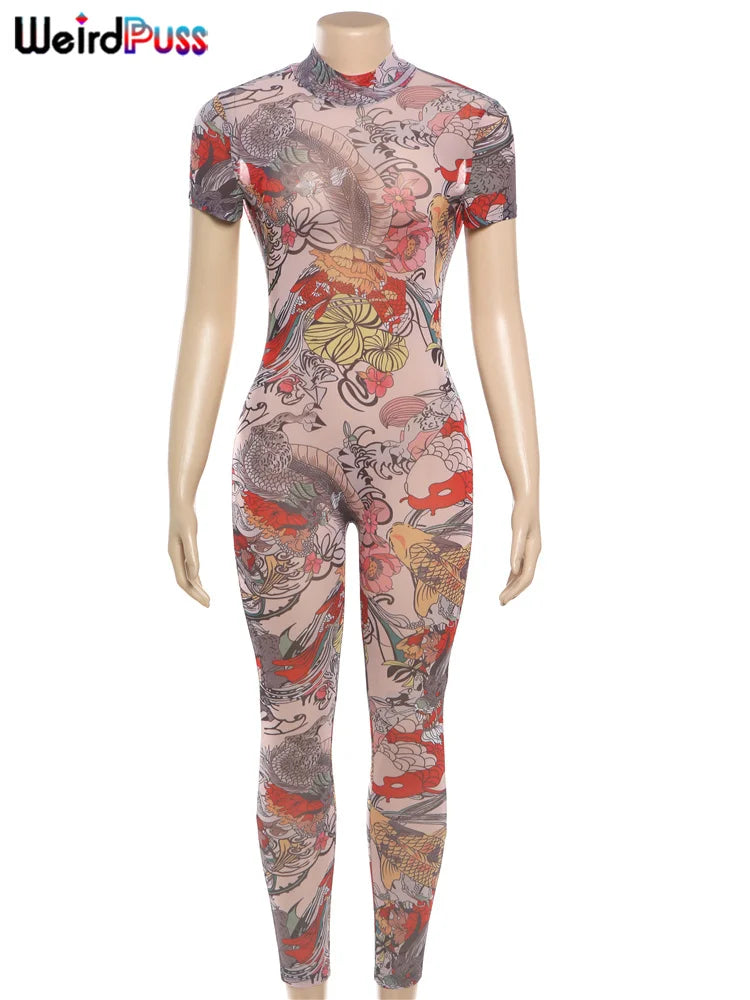 Weird Puss See Through Jumpsuit Women Backless Dragon Print Short