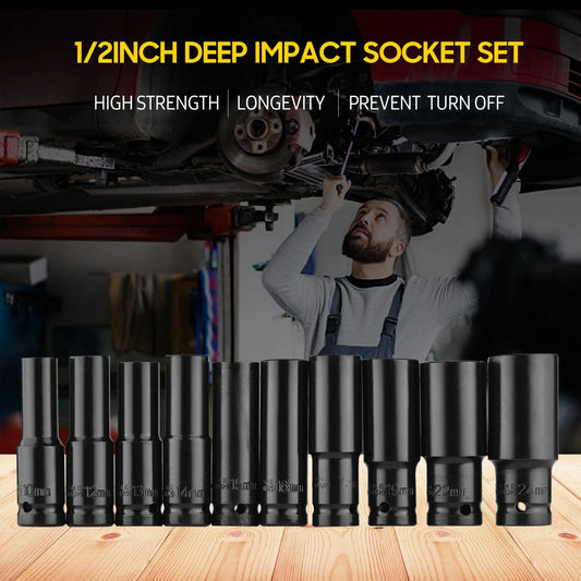 10pcs 1/2" Drive Deep Impact Socket Set Drive Metric Wrench Socket