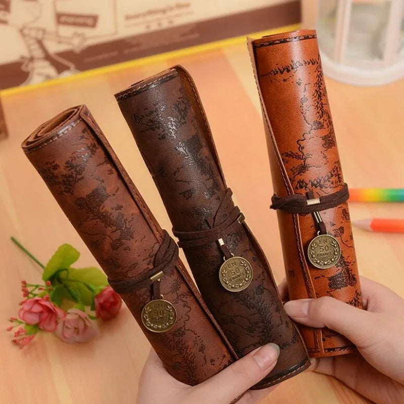 Treasure Map Leather PU Retro Boy Girl Pencil Bag Cosmetic Bag Roll