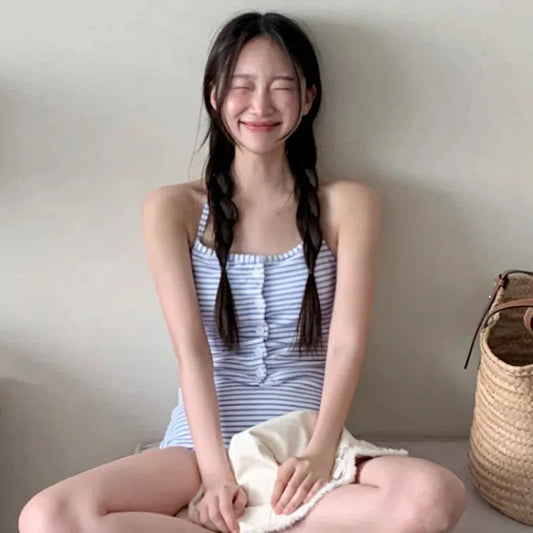 Blue White Striped Crop Top Swimwear Women 2024 Sexy Two Pieces