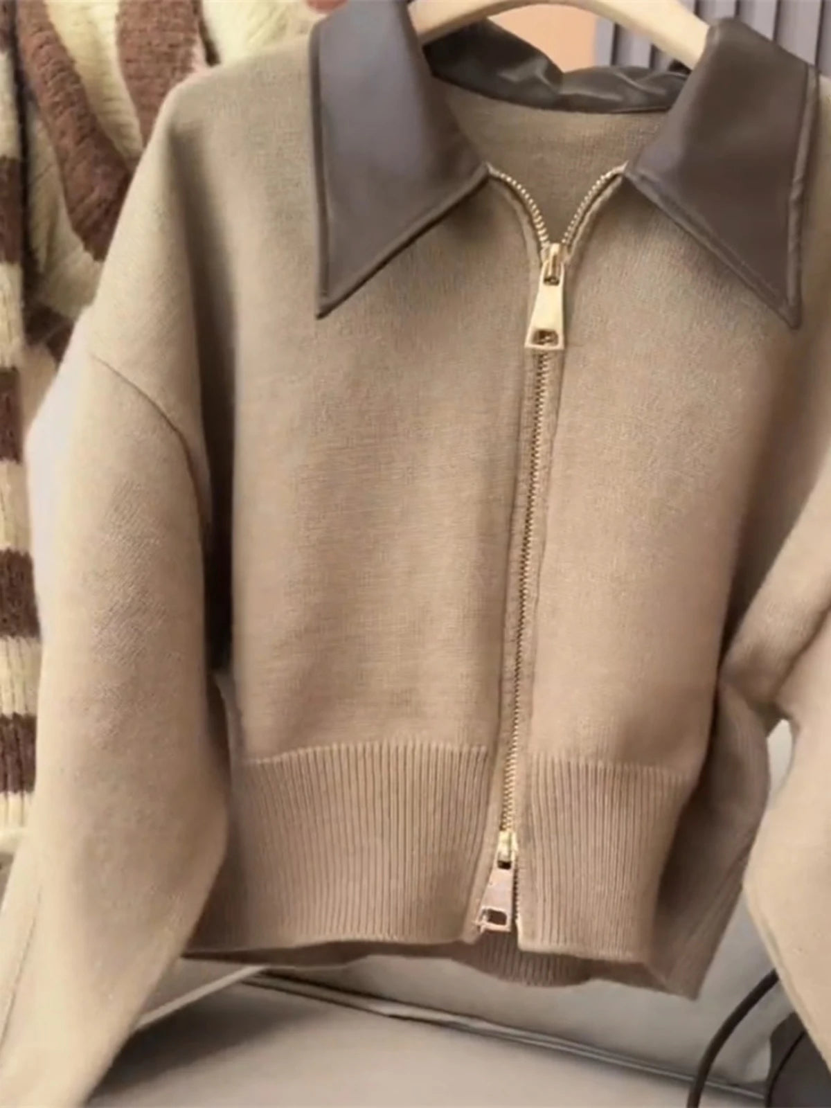 Spliced Leather Collar Knit Sweater Fashion Double Zipper Cardigan