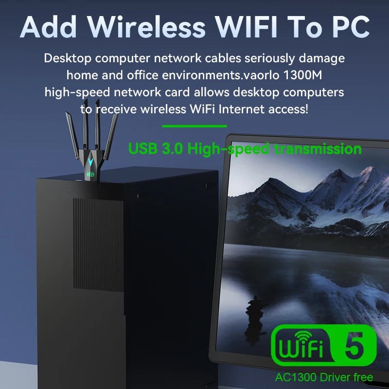 Dual Band 1300Mbps WiFi USB Adapter 2.4G/5Ghz Wi-Fi Dongle USB3.0