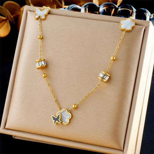 DIEYURO 316L Stainless Steel White Beihua Black Butterfly Necklace