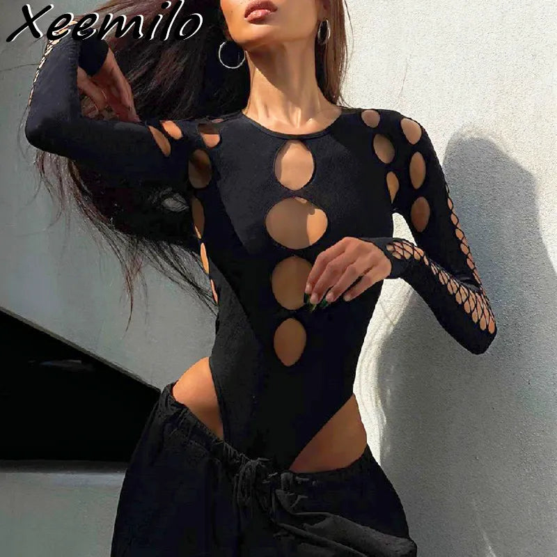 Xeemilo Sexy Dot Hollow Out Bodysuit Y2K Gothic Punk Long Sleeves