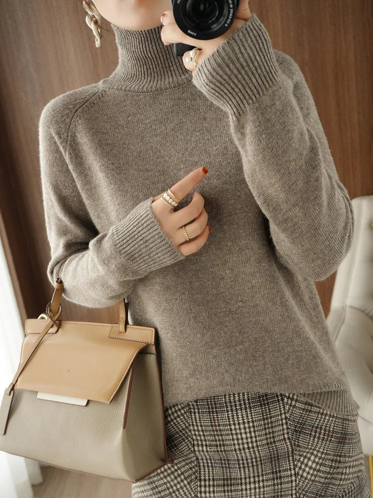 Fashion Basic Autumn Winter  Merino Wool Sweater Mock Neck Cashmere