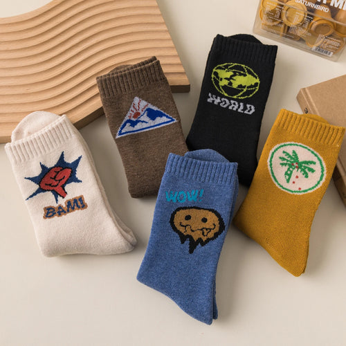 5 Pairs Of Men's Socks, Autumn And Winter Vintage Fun Fashion Athletic