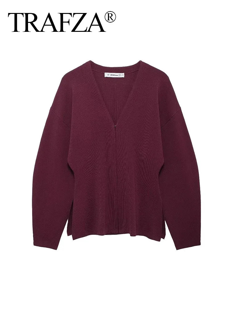 TRAFZA Women Elegant Knitted Coats Fashion Burgundy Red V-neck Slim