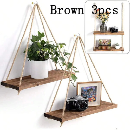 1PC Wooden Swing Hanging Hemp Rope Wall Shelve Mounted Floating Home