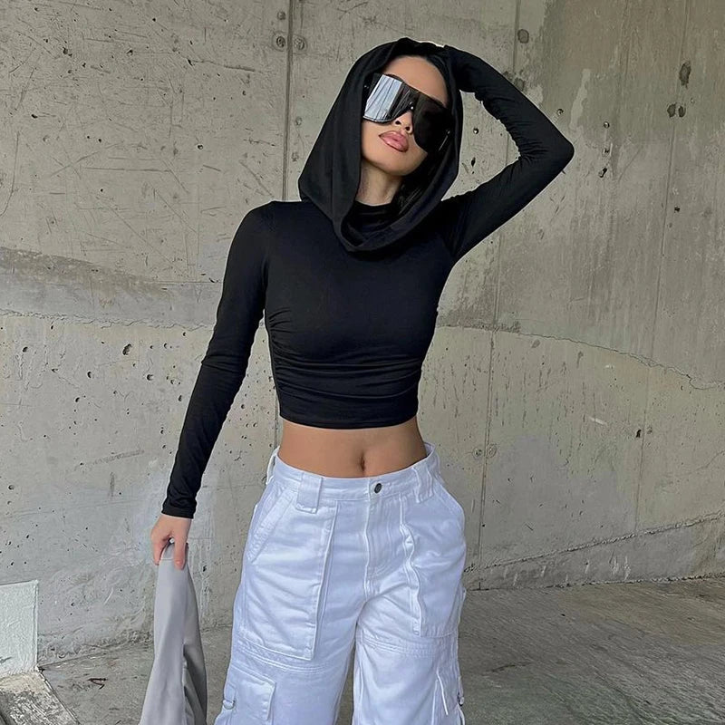 CIBBAR Solid Folds Hooded Crop Top Women Grunge y2k Full Sleeve Skinny