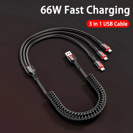 3 in 1 66W 6A Fast Charging USB Type C Cable Micro USB Cable for