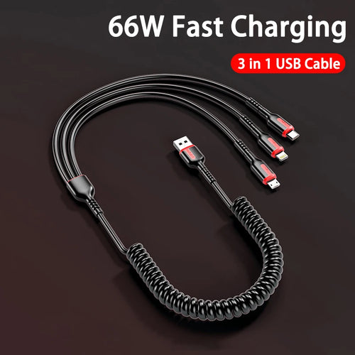 3 in 1 66W 6A Fast Charging USB Type C Cable Micro USB Cable for