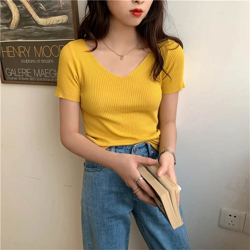 Basic V-neck Solid Thin Summer Pullover Women Female Knitted Ribbed