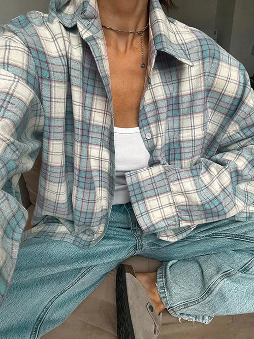 Mumaroho 2024 Women Autumn Winter Long Sleeve Blue Plaid Shirt Vintage