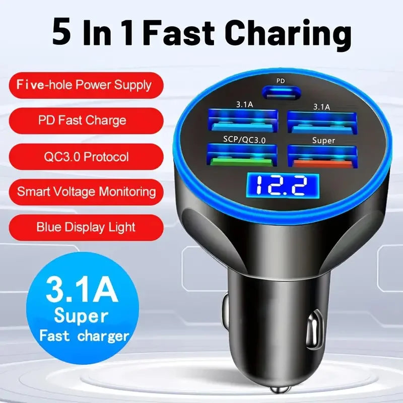 250W 5in1 Car Charger Adapter USB Type C PD Fast Charging Quick Charge