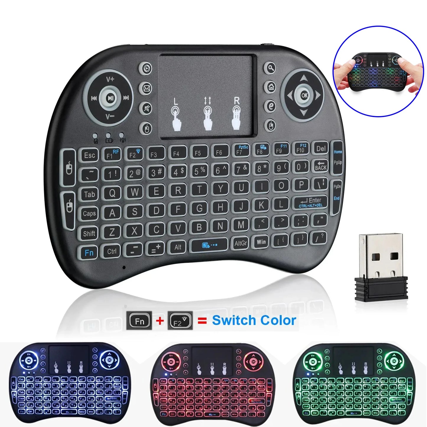 3-Color Backlit I8 Mini Wireless Keyboard 2.4GHz Air Mouse English