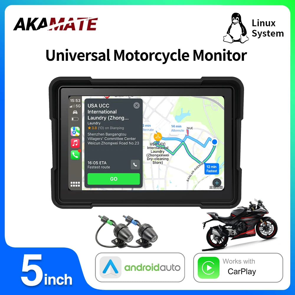 5 inch Motorcycle Monitor CarPlay Navigation Android Auto Waterproof