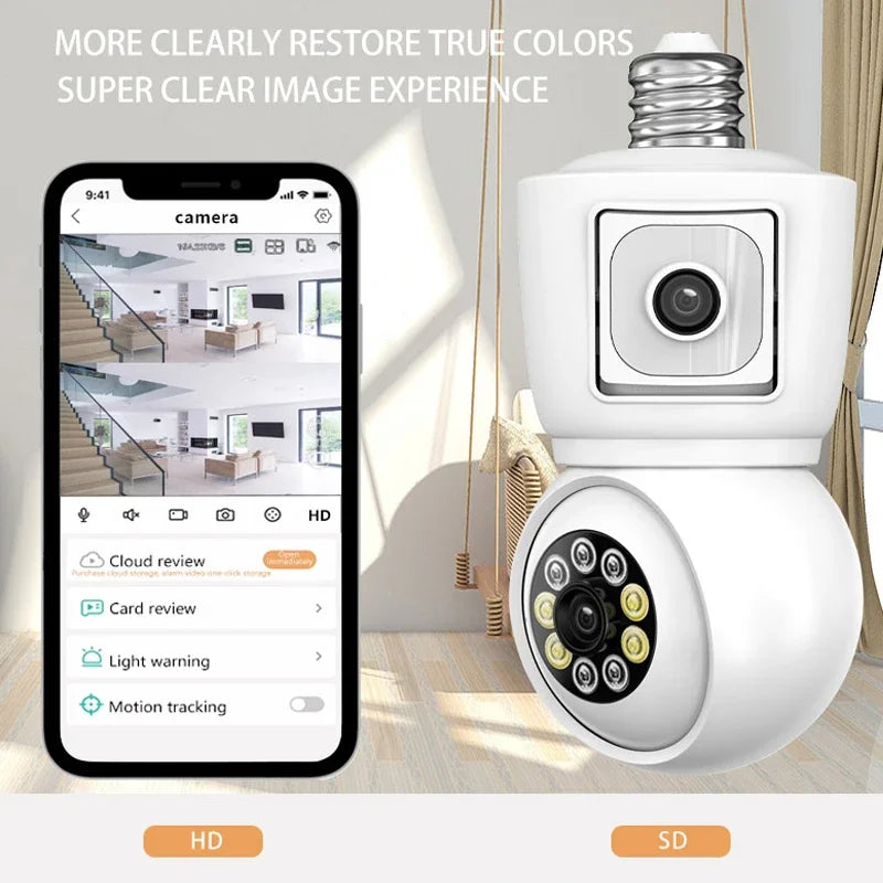 ICSEE 4K 8MP E27 Bulb WiFi Camera Dual Lens Dual Screen Auto Tracking