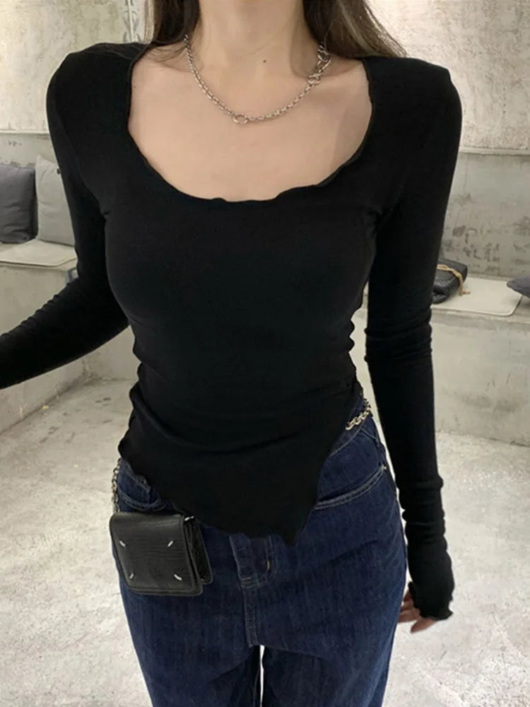 Long Sleeve T-shirts Women Fungus Line Irregular Hem Knitted Slender