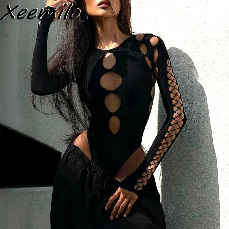 Xeemilo Sexy Dot Hollow Out Bodysuit Y2K Gothic Punk Long Sleeves